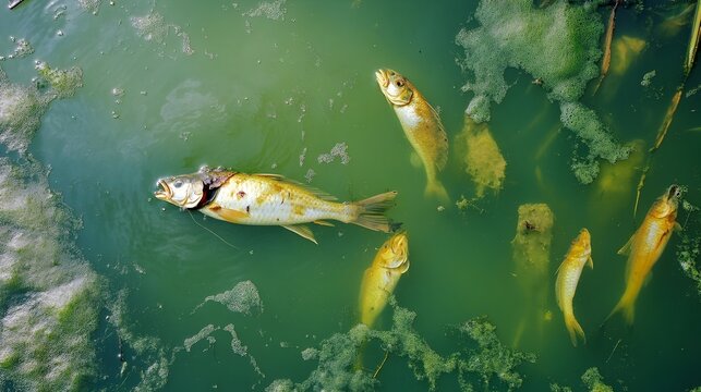 A polluted lake with dead fish floating on the surface surrounded by algae blooms and chemical runoff illustrating an environmental disaster and the consequences of industrial waste and neglect