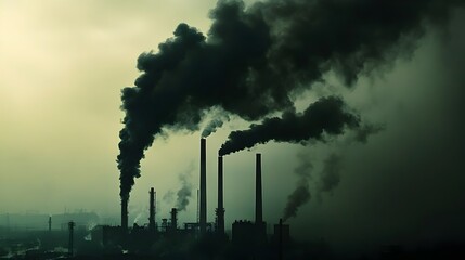 Large industrial chimneys belching dark toxic smoke into the polluted sky with the surrounding landscape showing signs of environmental degradation and the impacts of heavy industry