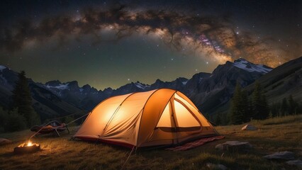 Illuminated Tent Under Milky Way in Mountainous Landscape