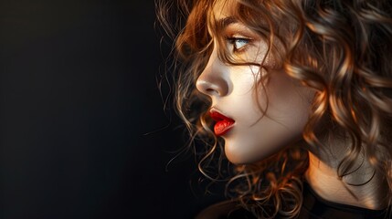 Fototapeta premium Beautiful woman in profile with long and shiny wavy hair . Beauty model girl with curly hairstyle . Fashion, cosmetics and makeup. 