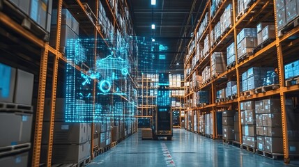 A modern warehouse showcasing advanced technology with digital overlays and organized shelving filled with boxes.