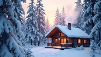Winter's Embrace Snow-Covered Cabin in the Woods