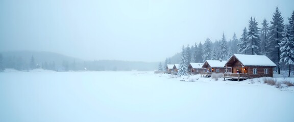 Winter Wonderland Frozen Lake with Snow-Covered Cabins