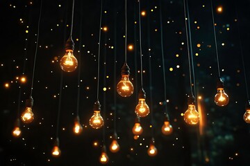 Obraz premium A stunning display of hanging light bulbs glowing softly against a dark background, creating a dreamy and enchanting atmosphere.