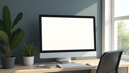 Modern office desk with blank screen computer monitor, Computer screen mockup, Computer blank screen, Computer  front view screen mockup