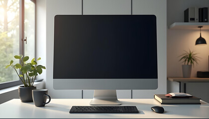 Modern office desk with blank screen computer monitor, Computer screen mockup, Computer blank screen, Computer  front view screen mockup