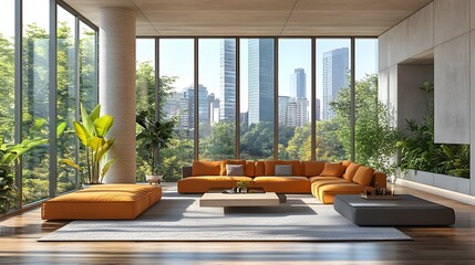 Modern coworking space with sleek furniture, large windows revealing a cityscape, and ample daylight, high-resolution 3D rendering.