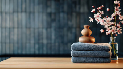 Stack of soft gray towels with spa decor and cherry blossom branches on a wooden table, creating a serene atmosphere.