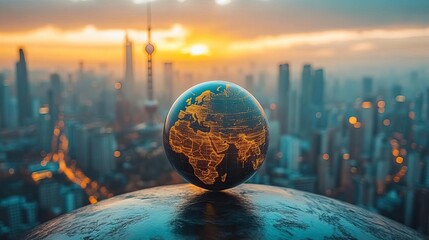 A stunning view of the Earth globe against a city skyline at sunset, symbolizing global connections and urban development.