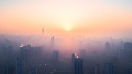 Fototapeta premium Smog Shrouded Cityscape A thick layer of hazy polluted air obscures the towering buildings and densely populated urban skyline