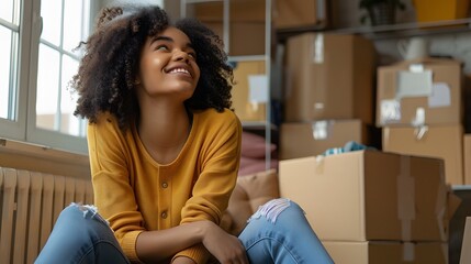 Beautiful girl is thinking how to arrange all her things in the new apartment. Young woman is smiling and looks happy. Concept of moving. 