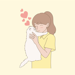 Happy woman holding fluffy kitten. Adorable girl hugging, cuddling cute cat Hand drawn flat cartoon character vector illustration.