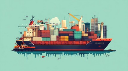Fototapeta premium Coordinating Global Logistics and International Freight Shipments with Flat Design Visualization of the process of managing international cargo and supply chain distribution