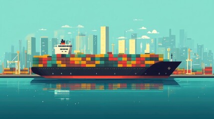 Fototapeta premium Flat design depicting the management of freight logistics global import and export supply chain Showcasing the digital technologies and processes involved in efficient cargo transportation