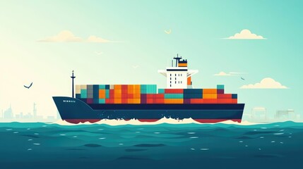 Global Logistics and Efficient Container Shipping Across Oceans Illustrated in Flat Design Style for Logistics Transportation and Supply Chain Concepts