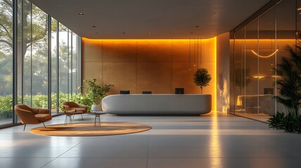 Modern glass wall commercial buildings reception lobby hall, Realistic 3d rendering.