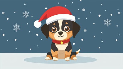 A cute cartoon dog wearing a Santa hat, sitting in the snow with snowflakes falling, perfect for holiday-themed designs.
