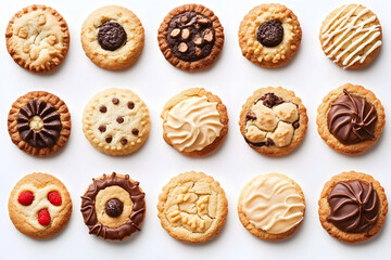 Collection of round cookie cookies biscuit, classic and nut set top view isolated on white background.
