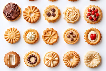 Collection of round cookie cookies biscuit, classic and nut set top view isolated on white background.
