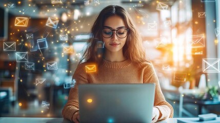 A young woman using a laptop, surrounded by digital email icons, representing online communication and modern technology.