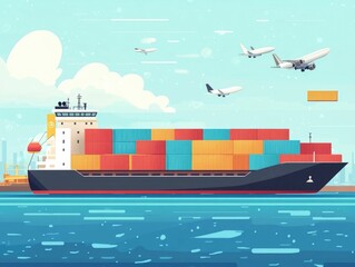 Obraz premium Flat design showcasing the key elements of global freight logistics and customs clearance services for international shipments and trade Depicts the transportation warehousing