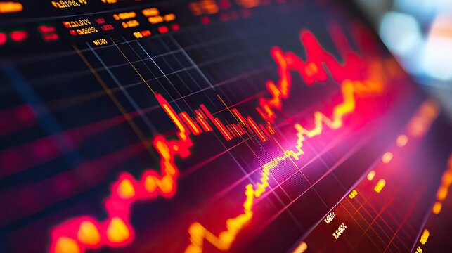 Abstract close-up of a financial graph showing dynamic trends and fluctuations in market data against a dark background. - Powered by Adobe
