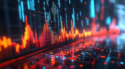 Abstract digital data visualization with vibrant colors and dynamic patterns, illustrating financial trends and insights.