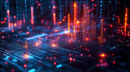 Obraz premium Abstract digital landscape with vibrant lights and data streams representing technology and innovation in a futuristic environment.