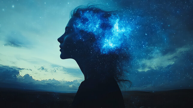 A silhouetted person with a cosmic galaxy effect emanating from their head against a twilight sky, symbolizing imagination and the universe within.