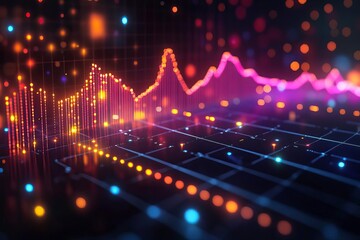 Abstract futuristic data visualization with colorful light spots and dynamic graph lines representing statistics and trends.