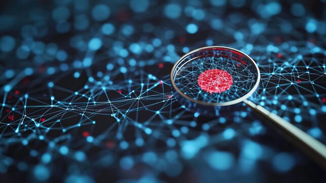 Abstract magnifying glass focusing on a network, symbolizing data analysis and scientific exploration in a digital landscape.