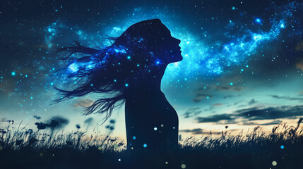 A silhouette of a woman with flowing hair, embedded in a starry night sky, blending with cosmic elements and natural landscape.