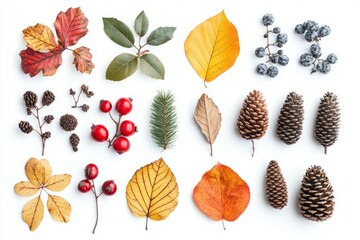 Set of autumn elements on white, colored leaves, berries and nuts, aquarelle etc. on a white background