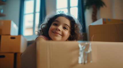 Beautiful girl is thinking how to arrange all her things in the new apartment. Young woman is smiling and looks happy. Concept of moving. 