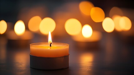 A close up photograph capturing the soft glowing illumination of a candlelight vigil where the flames flicker and cast a serene contemplative atmosphere of peace unity and remembrance
