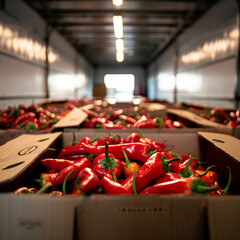 Inside view of a modern delivery truck with boxes of red Fresno peppers ready for delivery