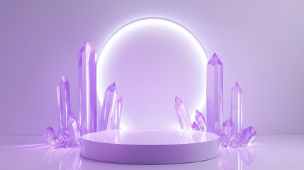 Purple round cylinder podium stage with crystal and neon light for product display exhibition stand. 3d realistic minimal illustration.