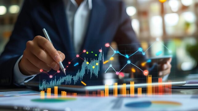 Business professional analyzing data on tablet, showcasing financial charts and graphs to drive informed decisions.