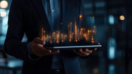 Businessman holding tablet with dynamic data visualization in dark office, illustrating technology and innovation concept.