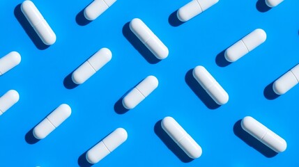 The white capsules on a teal background represent a health and medical concept. Ai generative illustration.