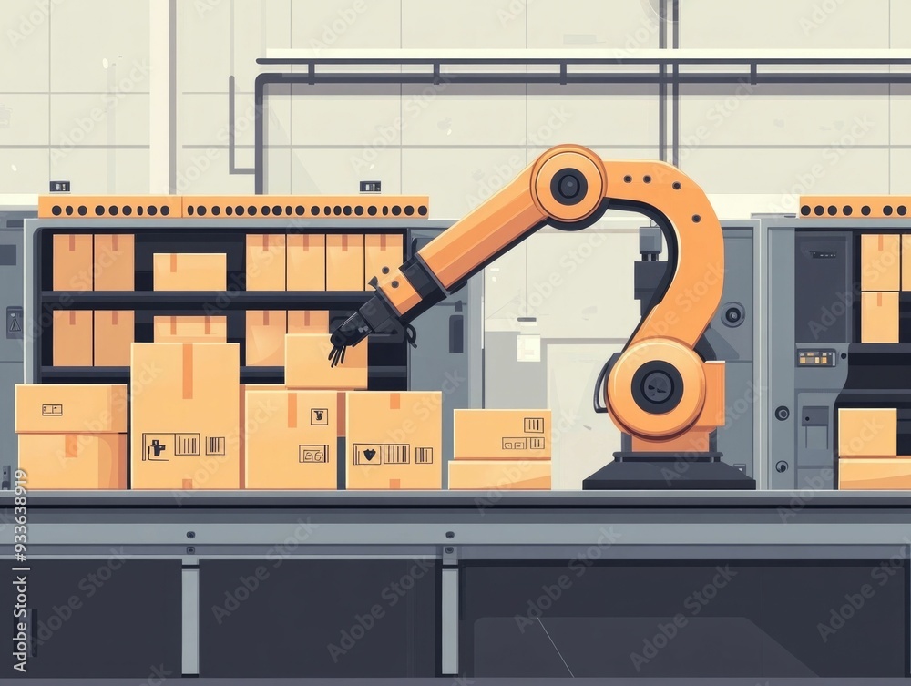 Poster streamlined shipping automation with robotic package sorting illustrated in flat design efficient lo