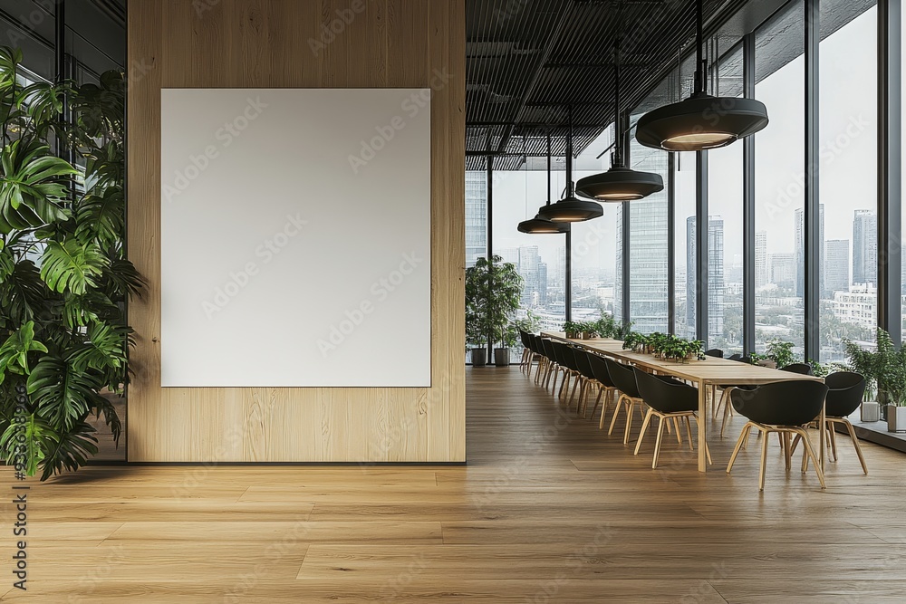 Canvas Prints Dining room with large white empty wall, wooden furniture, and wide windows overlooking cityscape is a concept for interior design. 3D rendering.