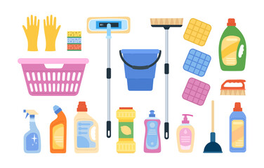 Chemical set for housekeeping. Cleaning equipment, cleaning supplies, detergents, brush, broom, cleaning gloves, bucket and mop. Vector Illustration set.