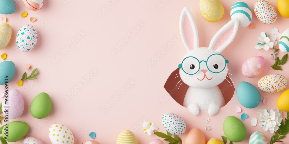 Canvas Prints white rabbit popping out of a paper hole, surrounded by colorful easter eggs and confetti on a paste