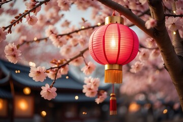 Red Lantern Hanging from a Branch of Pink Cherry Blossoms