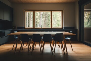 3D interior rendering of a modern kitchen with dining table and chairs on a hardwood floor. Light and spacious interior concept.
