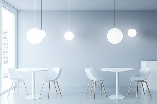 Blue and white cafe interior with white tables, minimalistic design, light background, contemporary dining concept, 3D rendering.