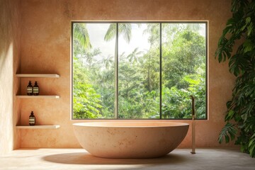 Fototapeta premium The interior of a bathroom with a tub, shelf with accessories and a window. A mockup of the wall can also be seen here.