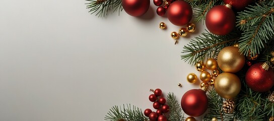 Christmas frame of spruce, red and gold decorations on white background. Copy space. New Year lights. Flat lay