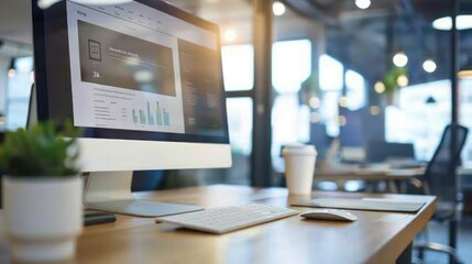 Desktop computer screen monitor with webpage ad in unoccupied call center office. Operating helpdesk to consult and sell products and services.